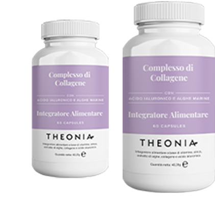 Two bottles of Theonia Collagen Complex food supplement, each containing 60 capsules